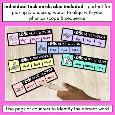 LOOKALIKE WORDS with LONG I Words - LONG VOWEL I Words - Task Cards & Printables