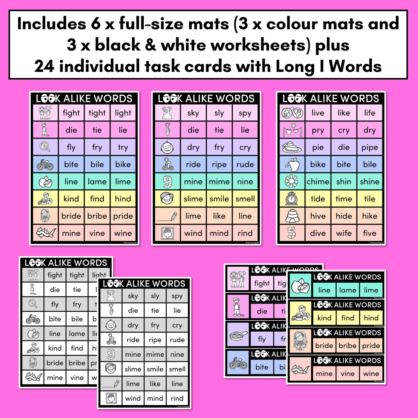 LOOKALIKE WORDS with LONG I Words - LONG VOWEL I Words - Task Cards & Printables