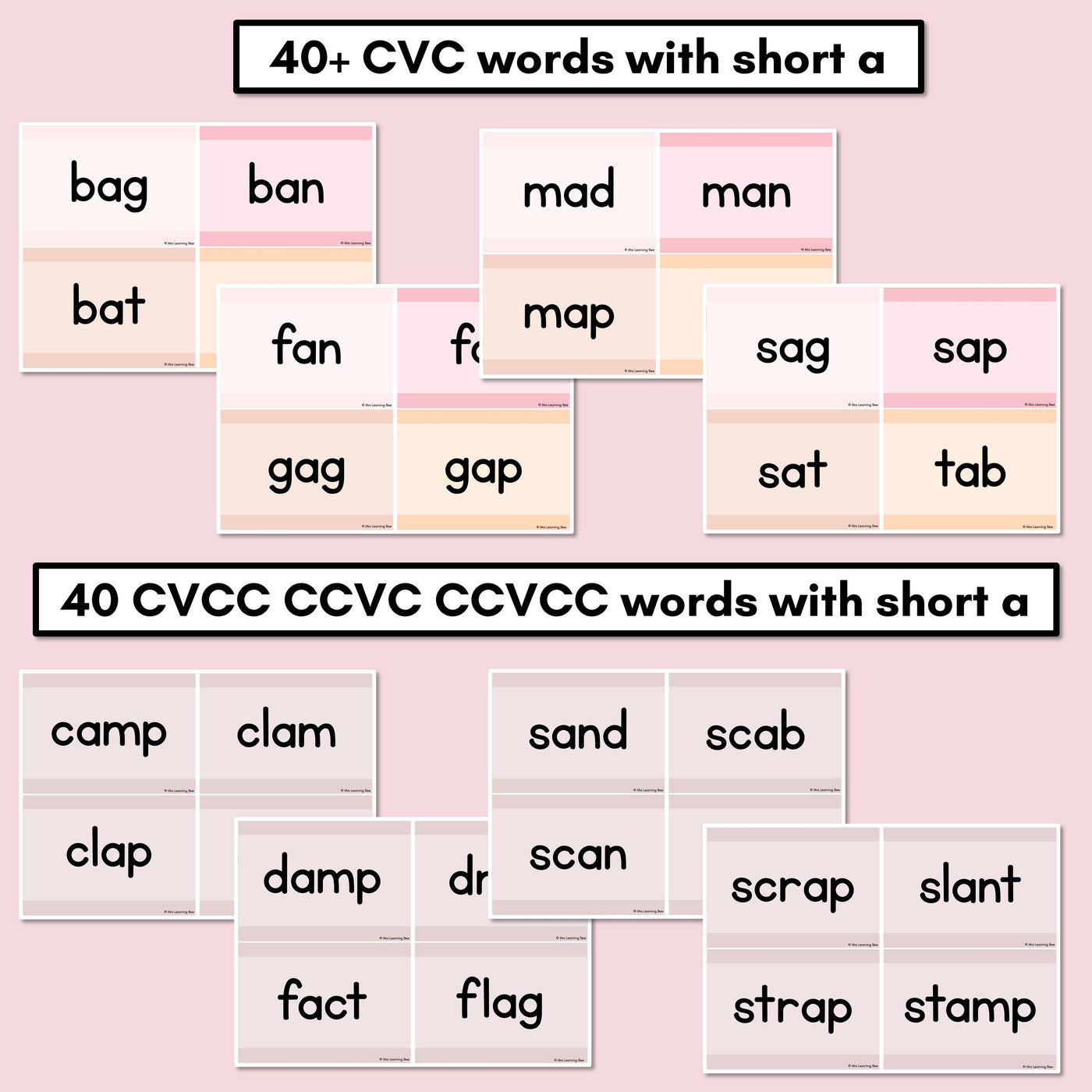 Neutral CVC CVCC CCVC Short A Decodable Words and Sentence Cards
