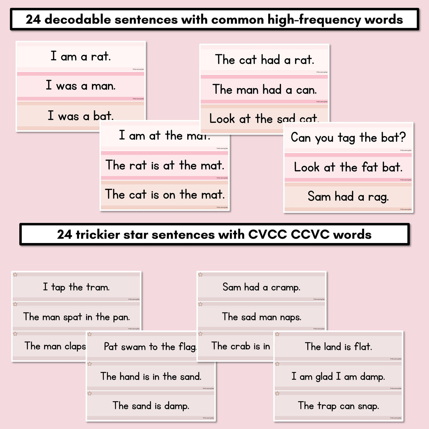 Neutral CVC CVCC CCVC Short A Decodable Words and Sentence Cards