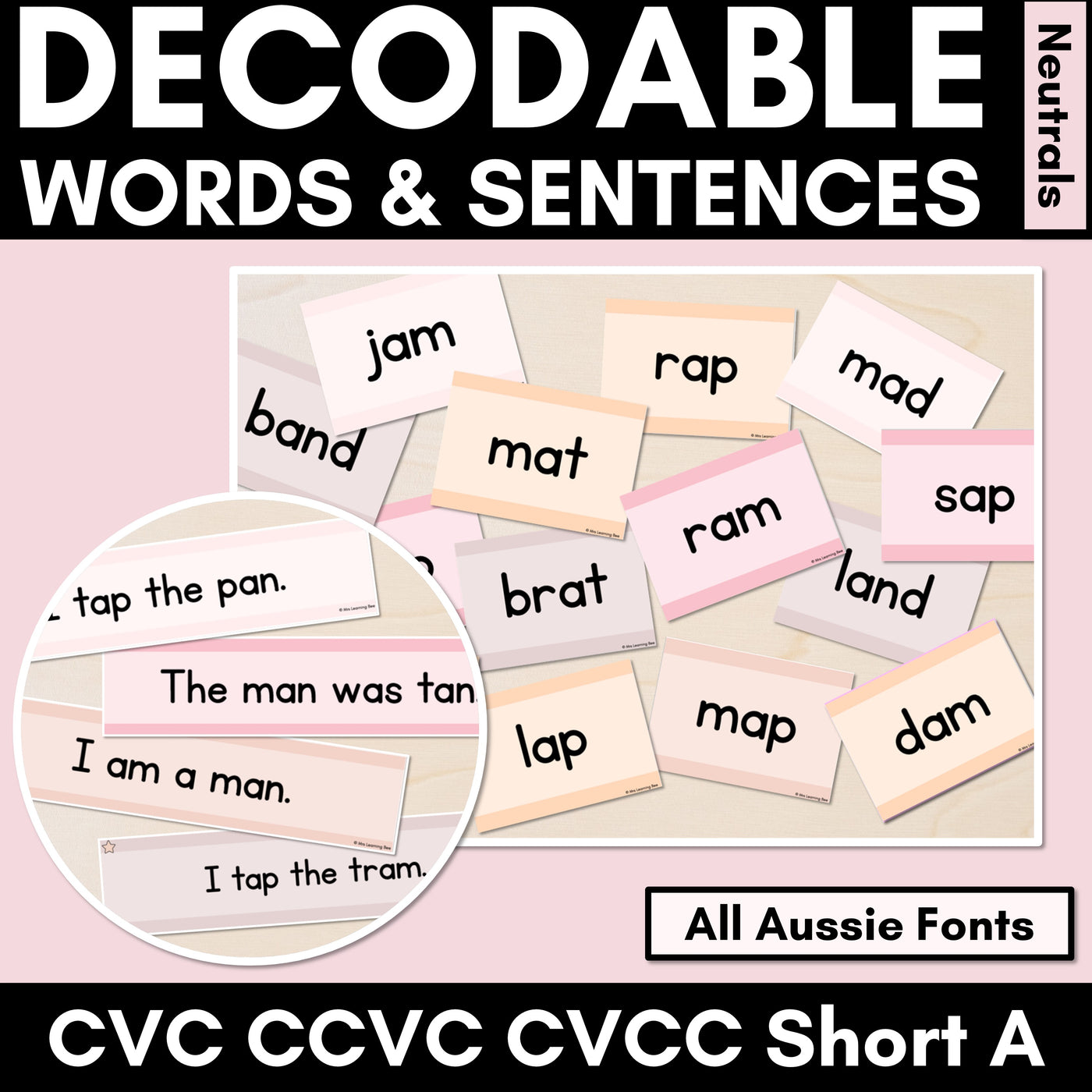 Neutral CVC CVCC CCVC Short A Decodable Words and Sentence Cards