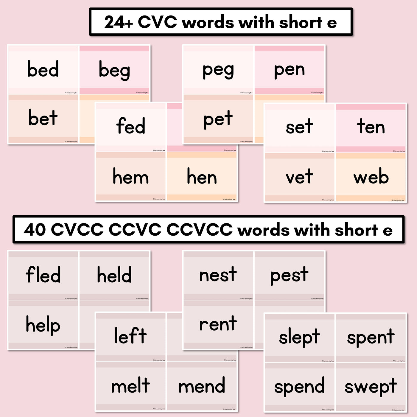 Neutral CVC CVCC CCVC Short E Decodable Words and Sentence Cards