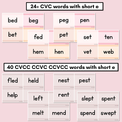 Neutral CVC CVCC CCVC Short E Decodable Words and Sentence Cards