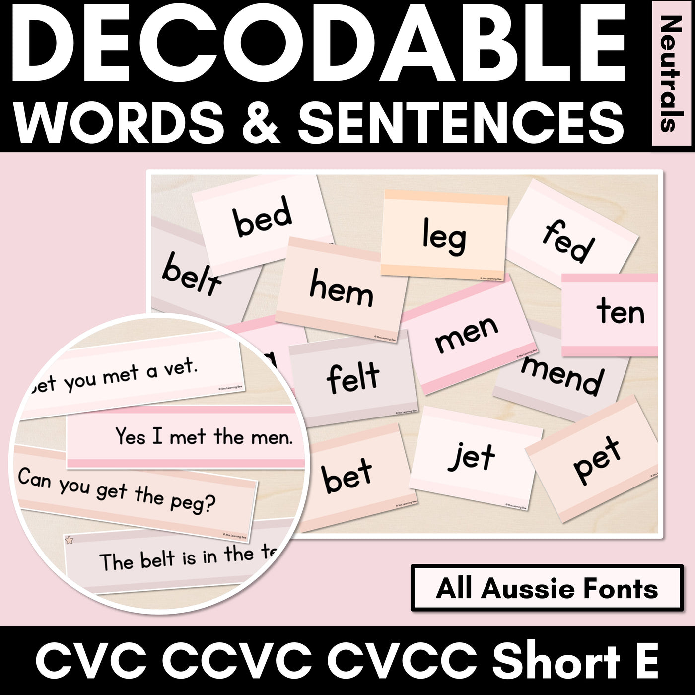 Neutral CVC CVCC CCVC Short E Decodable Words and Sentence Cards