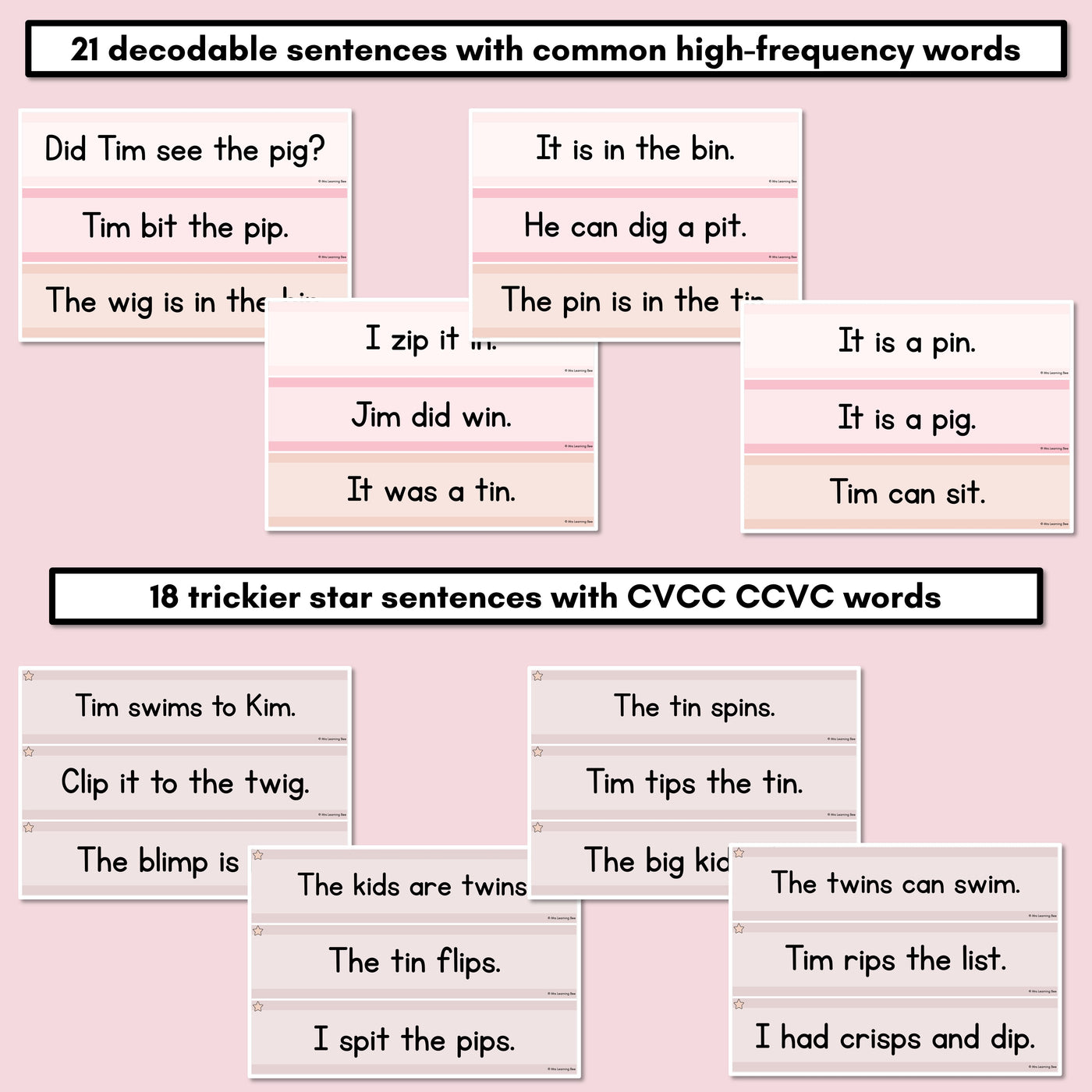 Neutral CVC CVCC CCVC Short I Decodable Words and Sentence Cards - FREE