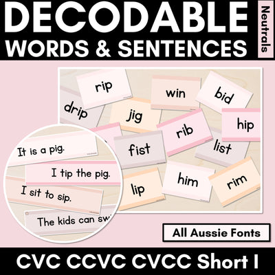 Neutral CVC CVCC CCVC Short I Decodable Words and Sentence Cards - FREE