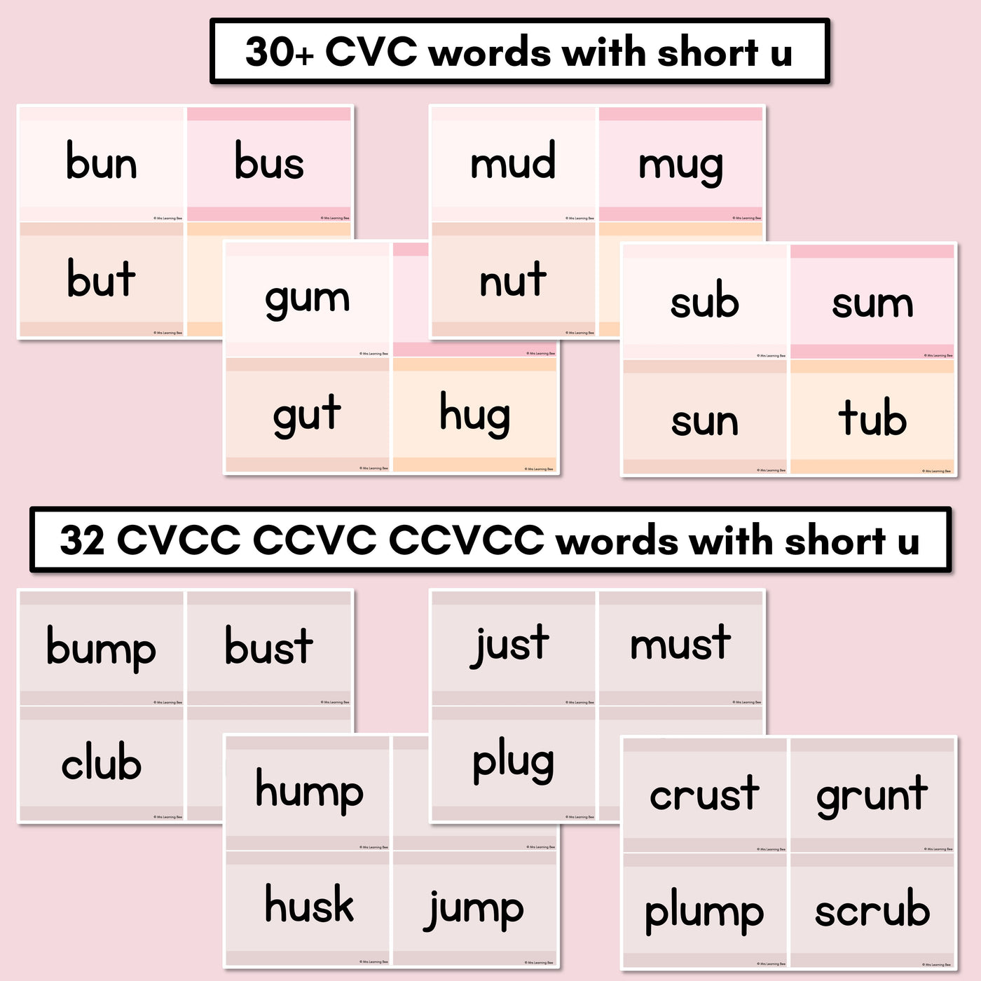 Neutral CVC CVCC CCVC Short U Decodable Words and Sentence Cards