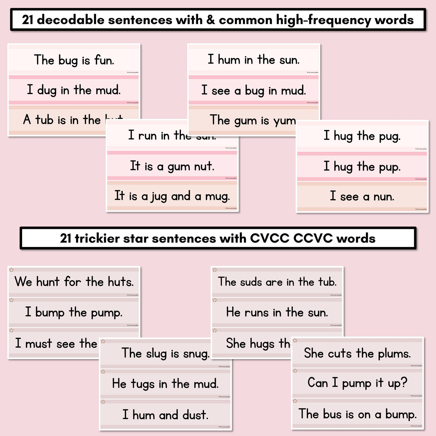 Neutral CVC CVCC CCVC Short U Decodable Words and Sentence Cards