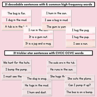 Neutral CVC CVCC CCVC Short U Decodable Words and Sentence Cards