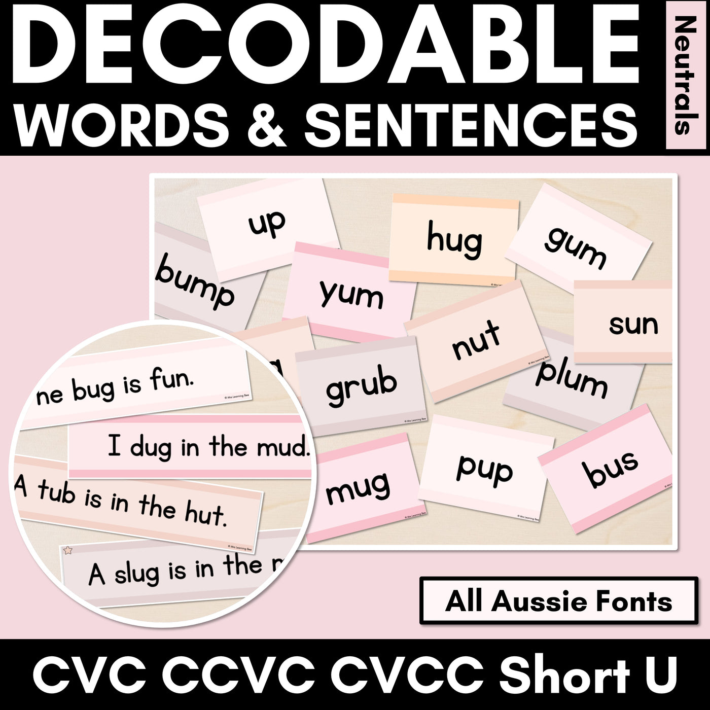 Neutral CVC CVCC CCVC Short U Decodable Words and Sentence Cards