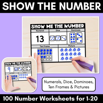 SHOW ME THE NUMBER WORKSHEETS for 1-20: Numerals, Dice, Dominoes, Ten Frames & Pictures
