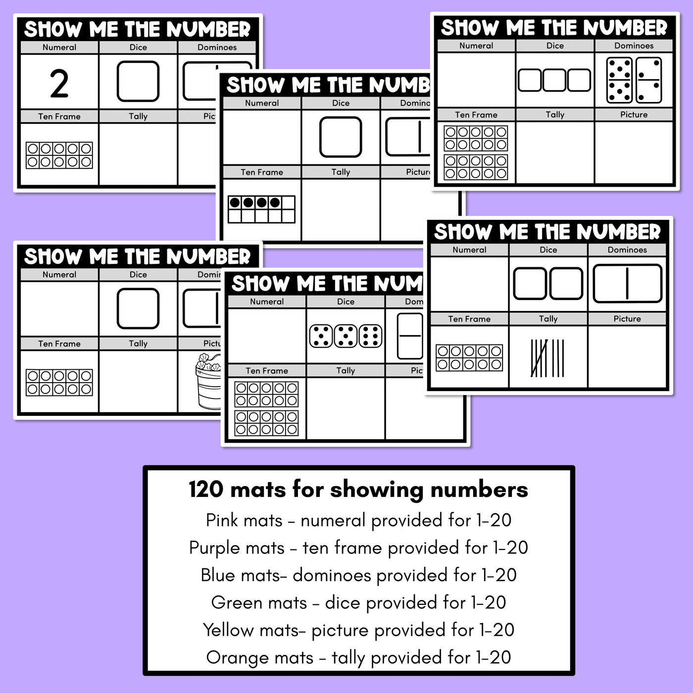 SHOW ME THE NUMBER WORKSHEETS for 1-20: Numerals, Dice, Dominoes, Ten Frames, Tallies & Pictures