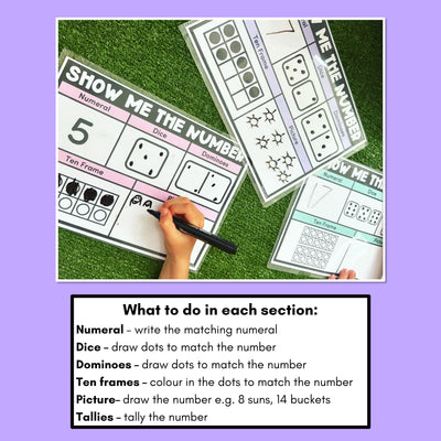 SHOW ME THE NUMBER WORKSHEETS for 1-20: Numerals, Dice, Dominoes, Ten Frames, Tallies & Pictures
