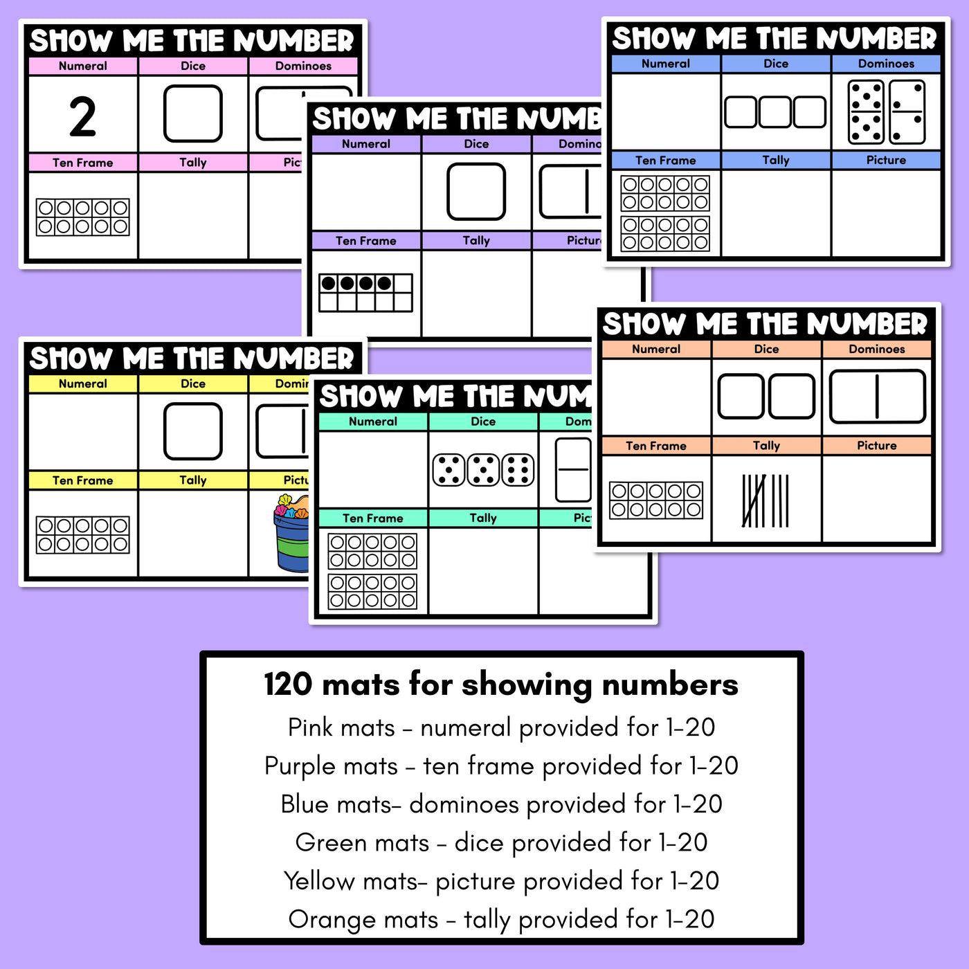 SHOW ME THE NUMBER MATS for 1-20: Numerals, Dice, Dominoes, Ten Frames, Tallies & Pictures