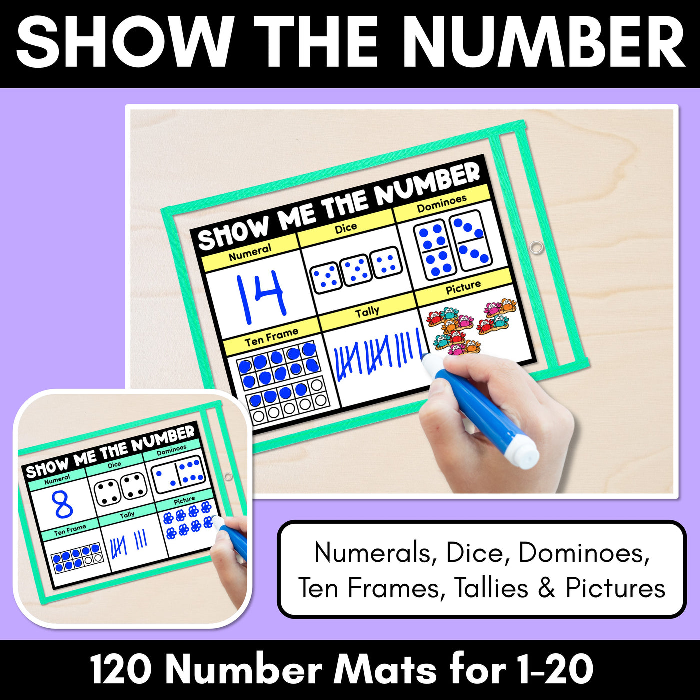 SHOW ME THE NUMBER MATS for 1-20: Numerals, Dice, Dominoes, Ten Frames, Tallies & Pictures