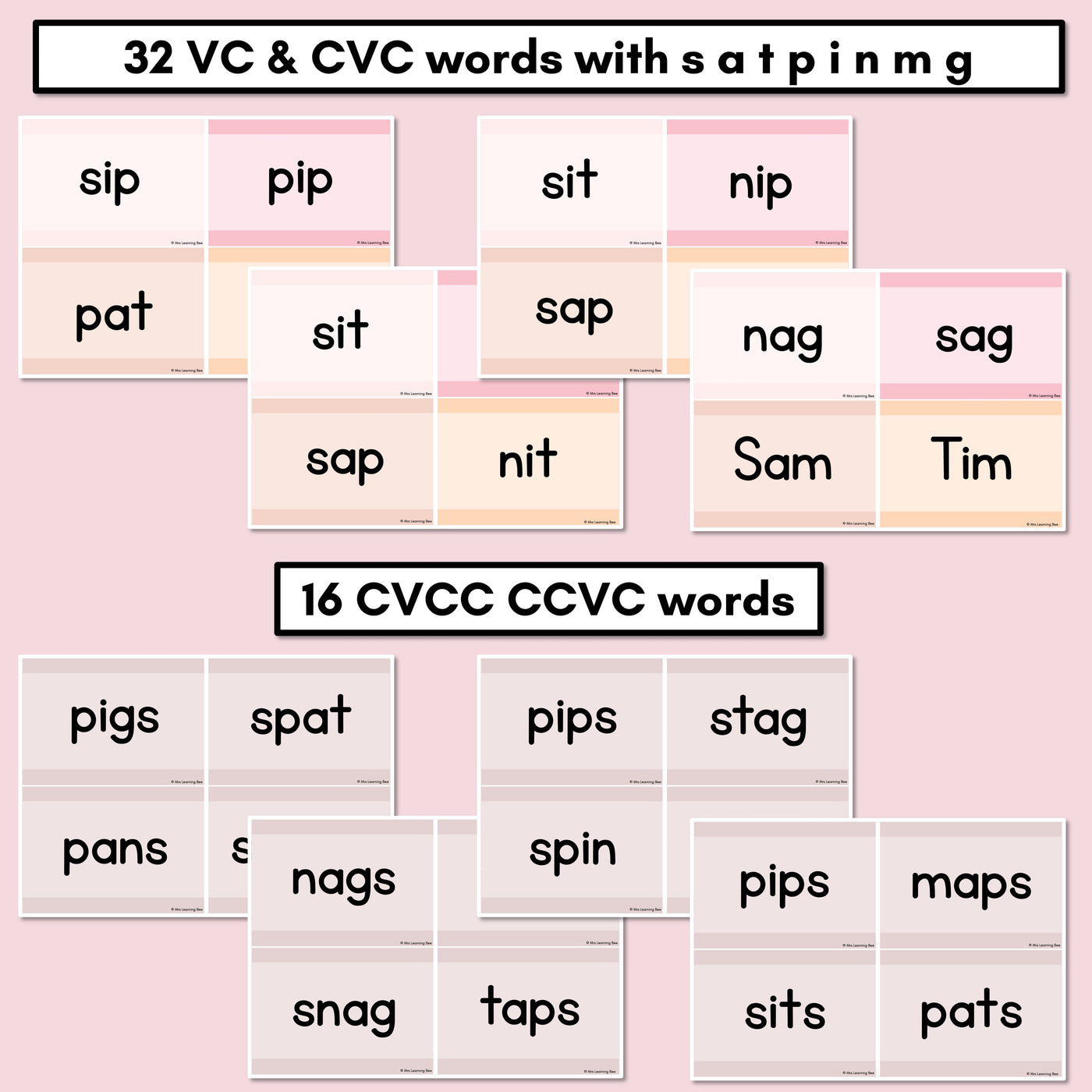 Neutral CVC CVCC CCVC Decodable Words and Sentence Cards - Set 1 - s a t p i n m g - FREE