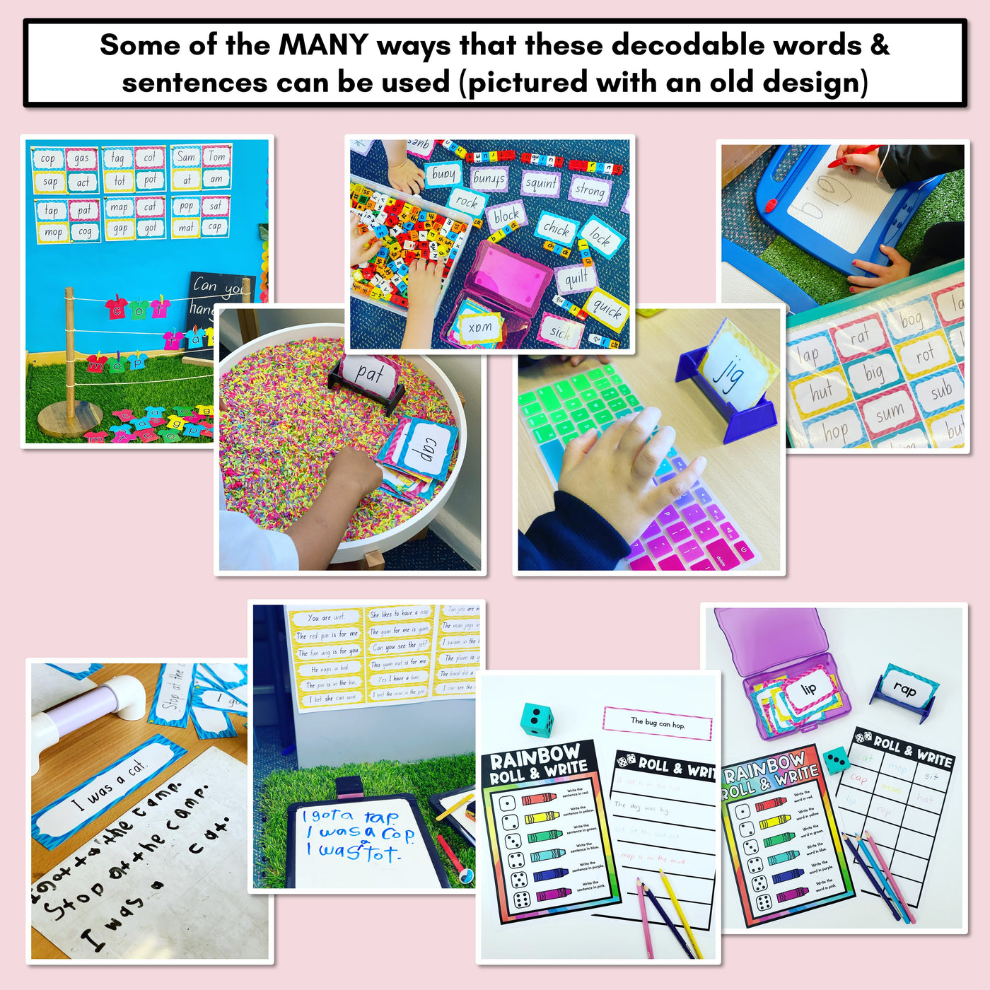 Neutral CVC CVCC CCVC Decodable Words and Sentence Cards - Set 1 - s a t p i n m g - FREE