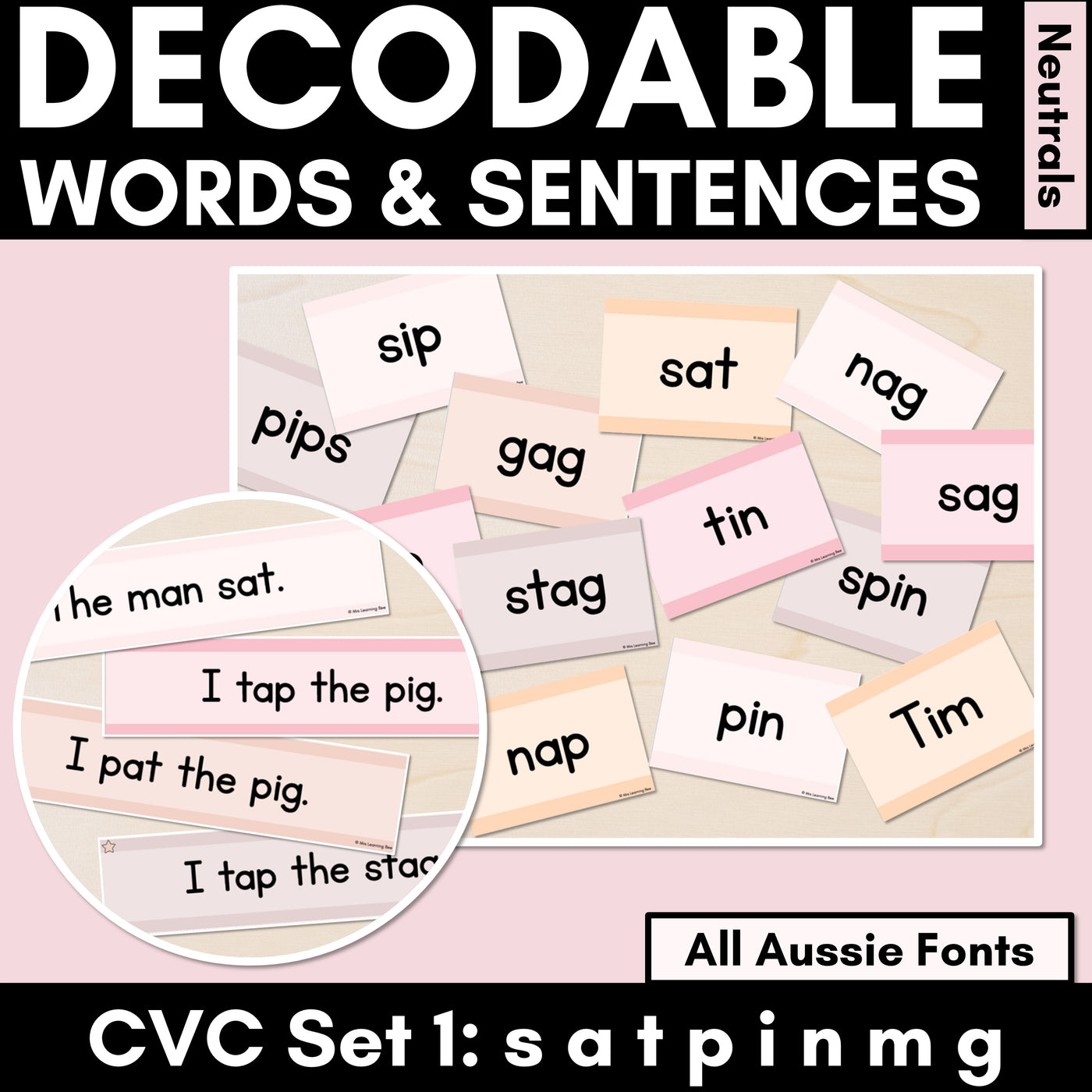 Neutral CVC CVCC CCVC Decodable Words and Sentence Cards - Set 1 - s a t p i n m g - FREE - All Australian Fonts