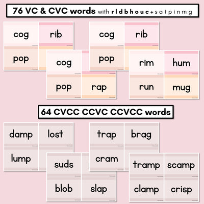 Neutral CVC CVCC CCVC Decodable Words and Sentence Cards - Set 2 - r l d b h o u c