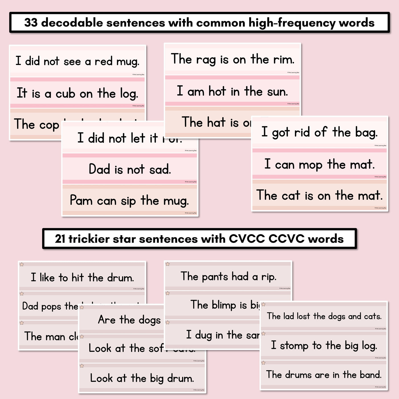 Neutral CVC CVCC CCVC Decodable Words and Sentence Cards - Set 2 - r l d b h o u c