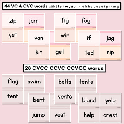 Neutral CVC CVCC CCVC Decodable Words and Sentence Cards - Set 3 - j f e k w y z v