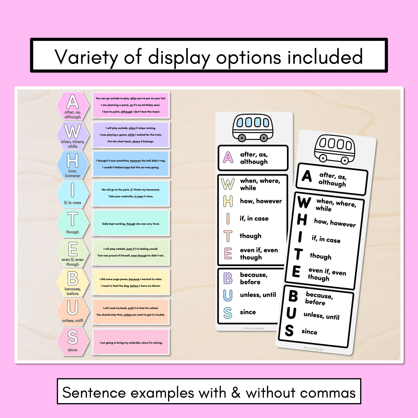 A WHITE BUS Poster Displays for Subordinating Conjunctions (Complex Sentences)