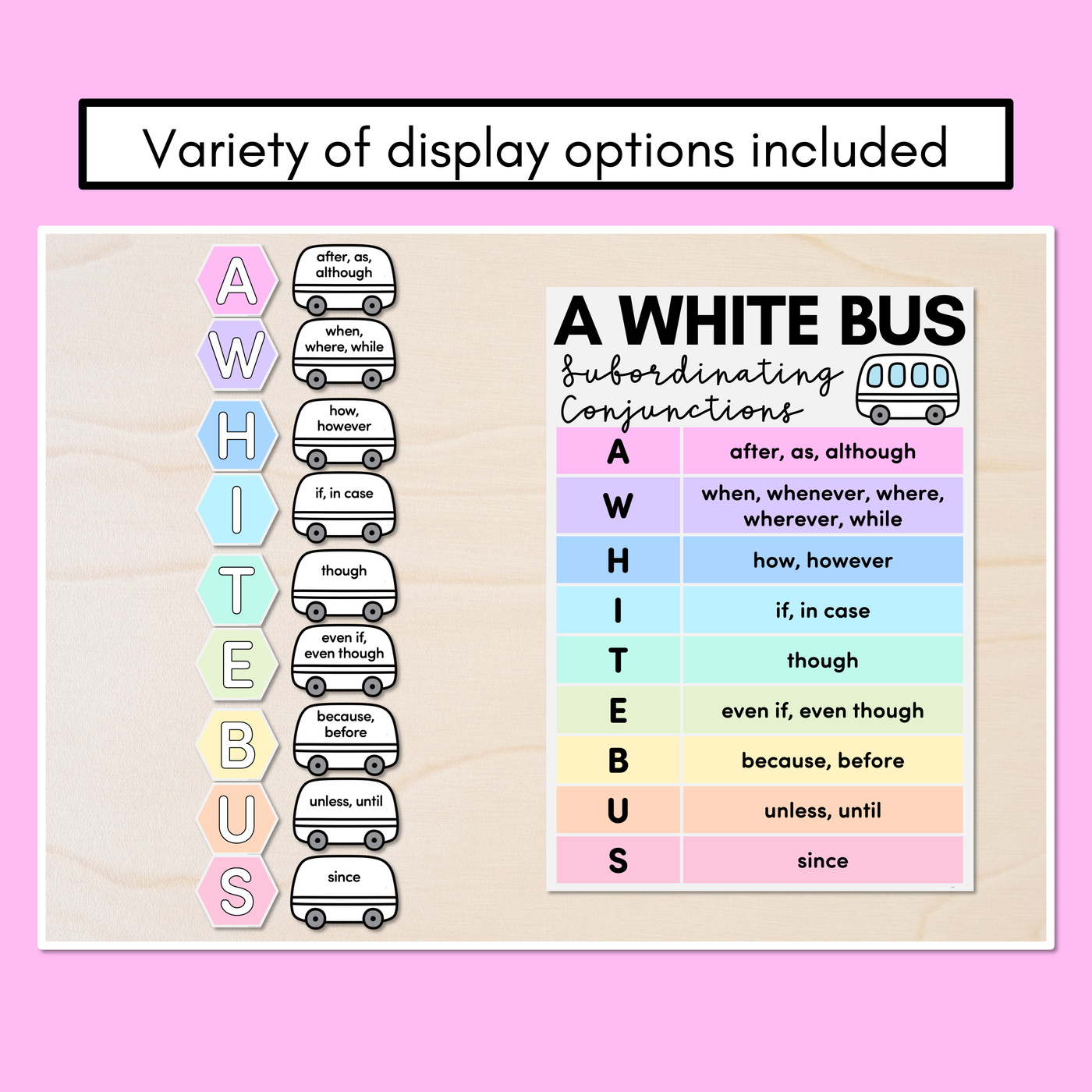 A WHITE BUS Poster Displays for Subordinating Conjunctions (Complex Sentences)