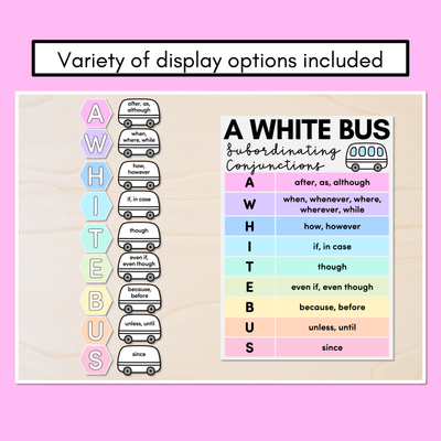 A WHITE BUS Poster Displays for Subordinating Conjunctions (Complex Sentences)