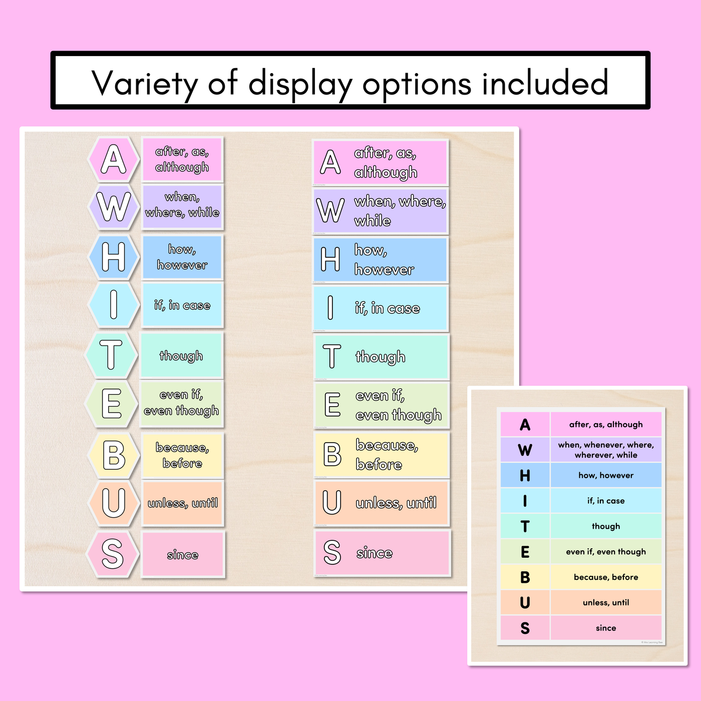 A WHITE BUS Poster Displays for Subordinating Conjunctions (Complex Sentences)