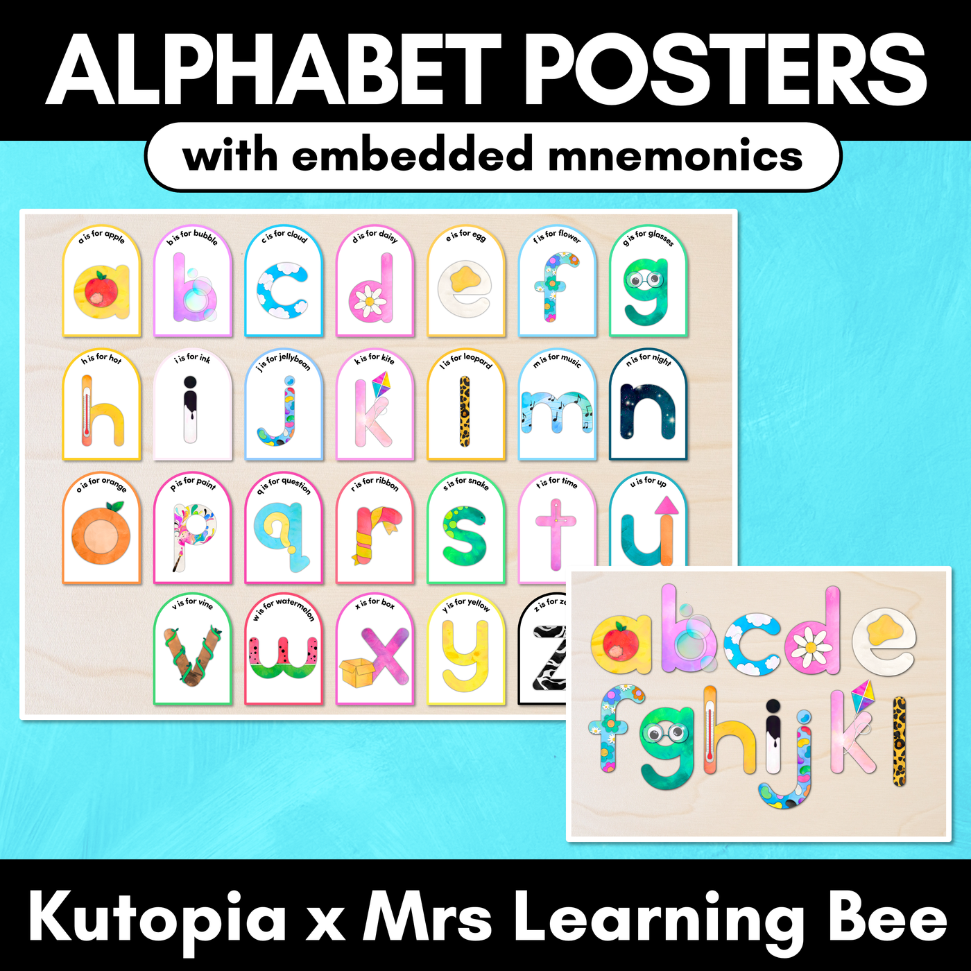 Alphabet Posters with Embedded Mnemonics - Uppercase & Lowercase Letters - The Kutopia Collection