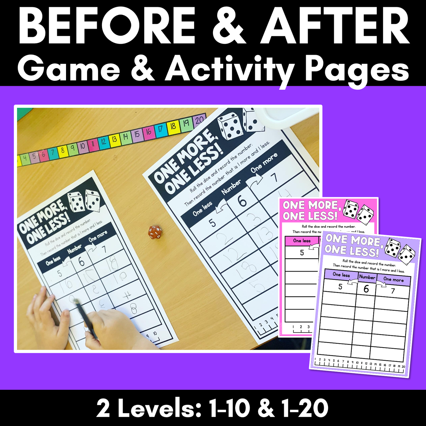 One More One Less Game & Worksheets - Numbers Before & After 1-10 and 1-20