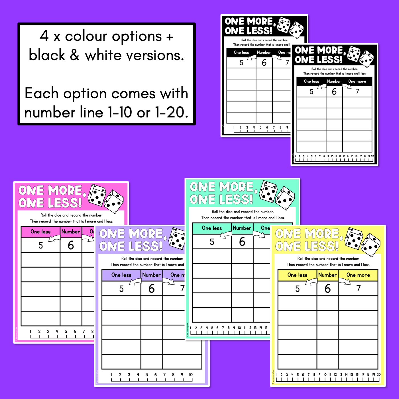 One More One Less Game & Worksheets - Numbers Before & After 1-10 and 1-20