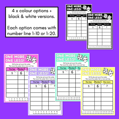 One More One Less Game & Worksheets - Numbers Before & After 1-10 and 1-20