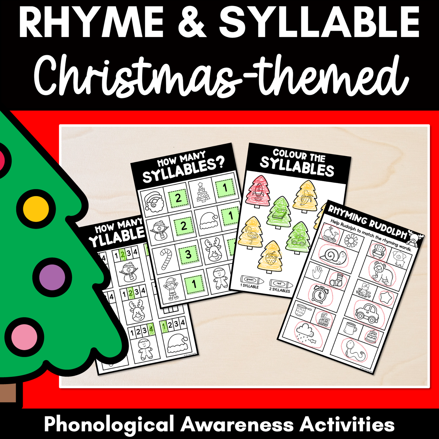 Christmas Phonological Awareness Activities - Rhyme & Syllable Printables