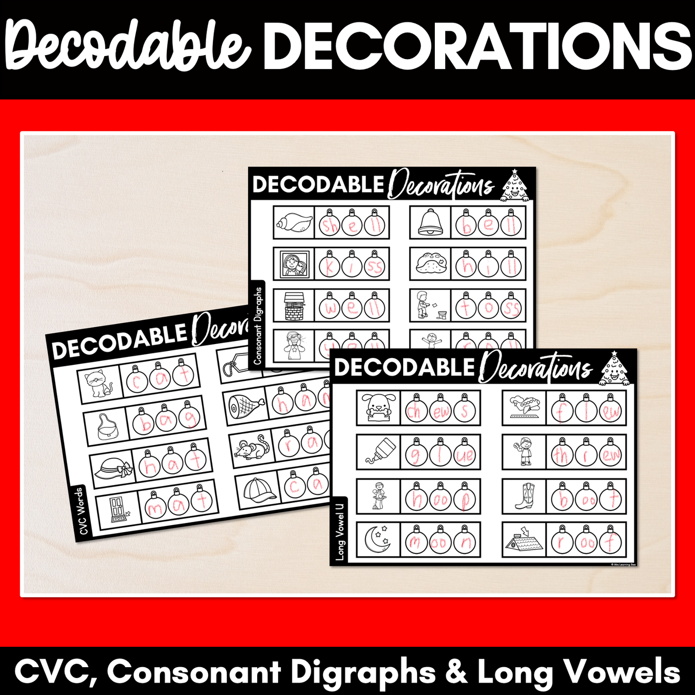 Christmas Phonics - Decodable Decorations - CVC Words, Consonant Digraphs & Long Vowels