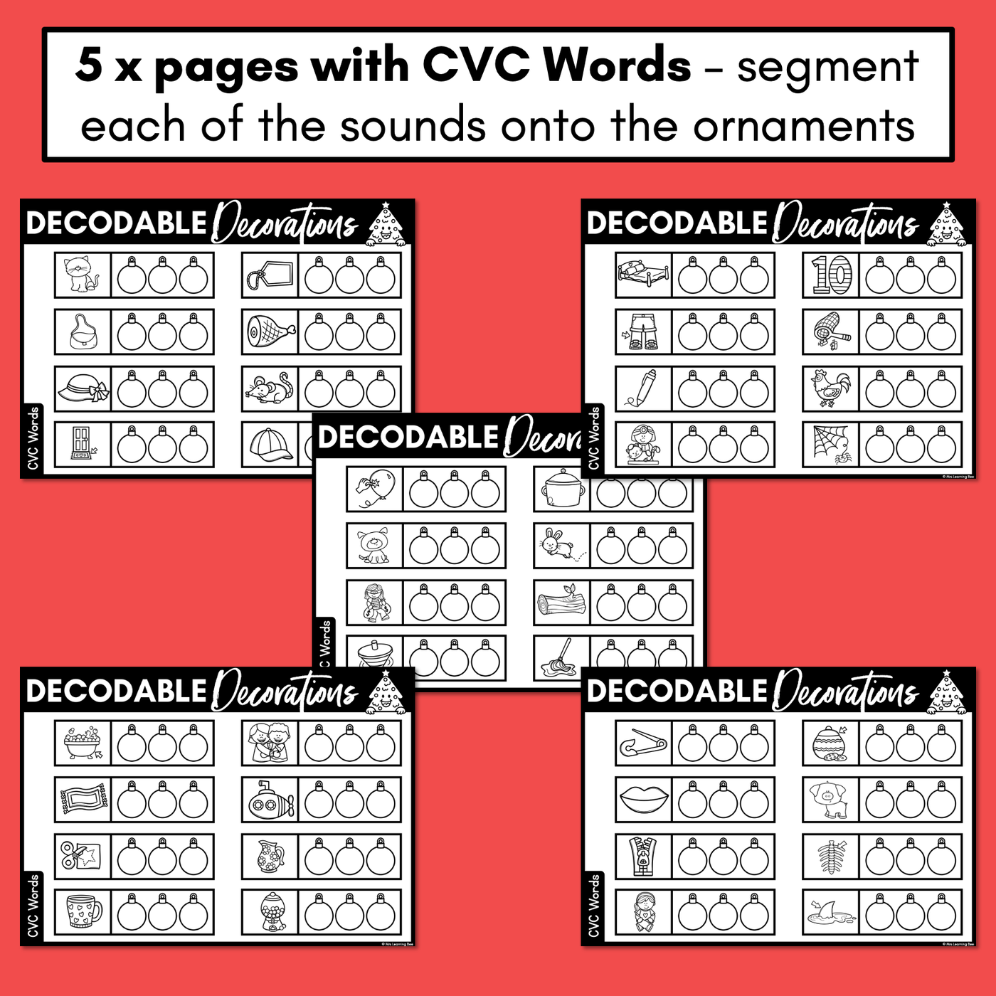 Christmas Phonics - Decodable Decorations - CVC Words, Consonant Digraphs & Long Vowels