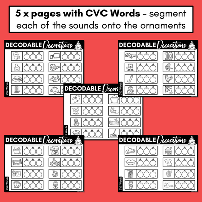 Christmas Phonics - Decodable Decorations - CVC Words, Consonant Digraphs & Long Vowels