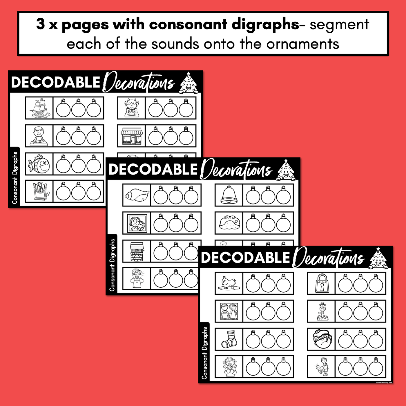 Christmas Phonics - Decodable Decorations - CVC Words, Consonant Digraphs & Long Vowels