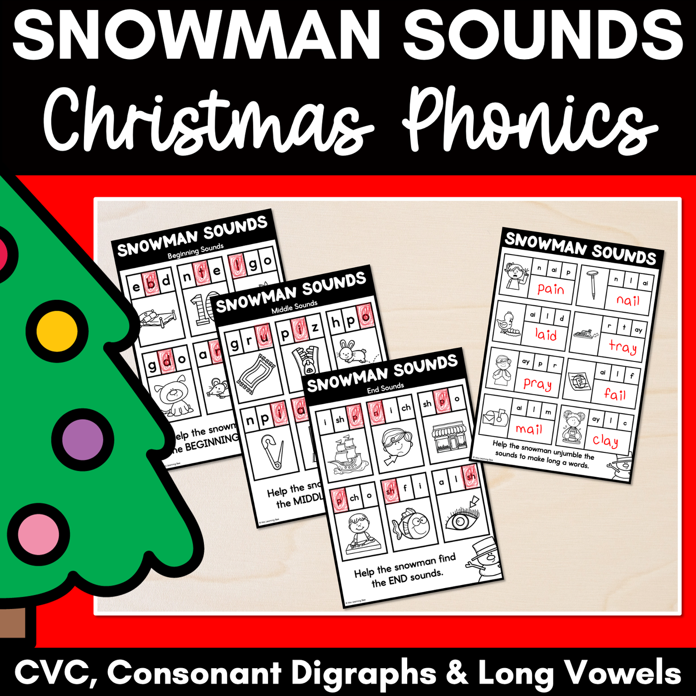 Christmas Phonics - Snowman Sounds - CVC Words, Consonant Digraphs & Long Vowels