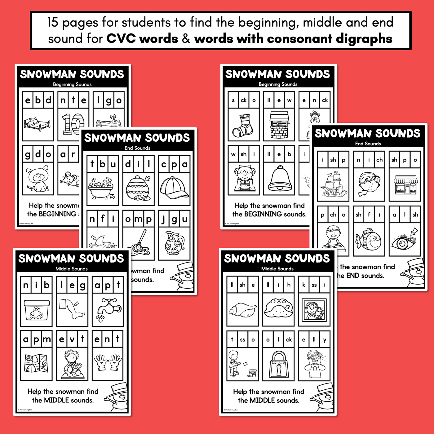 Christmas Phonics - Snowman Sounds - CVC Words, Consonant Digraphs & Long Vowels