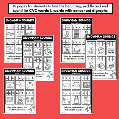 Christmas Phonics - Snowman Sounds - CVC Words, Consonant Digraphs & Long Vowels