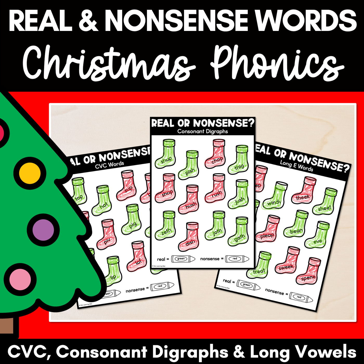 Christmas Phonics - Real and Nonsense Decodable Words - CVC, Consonant Digraphs & Long Vowels