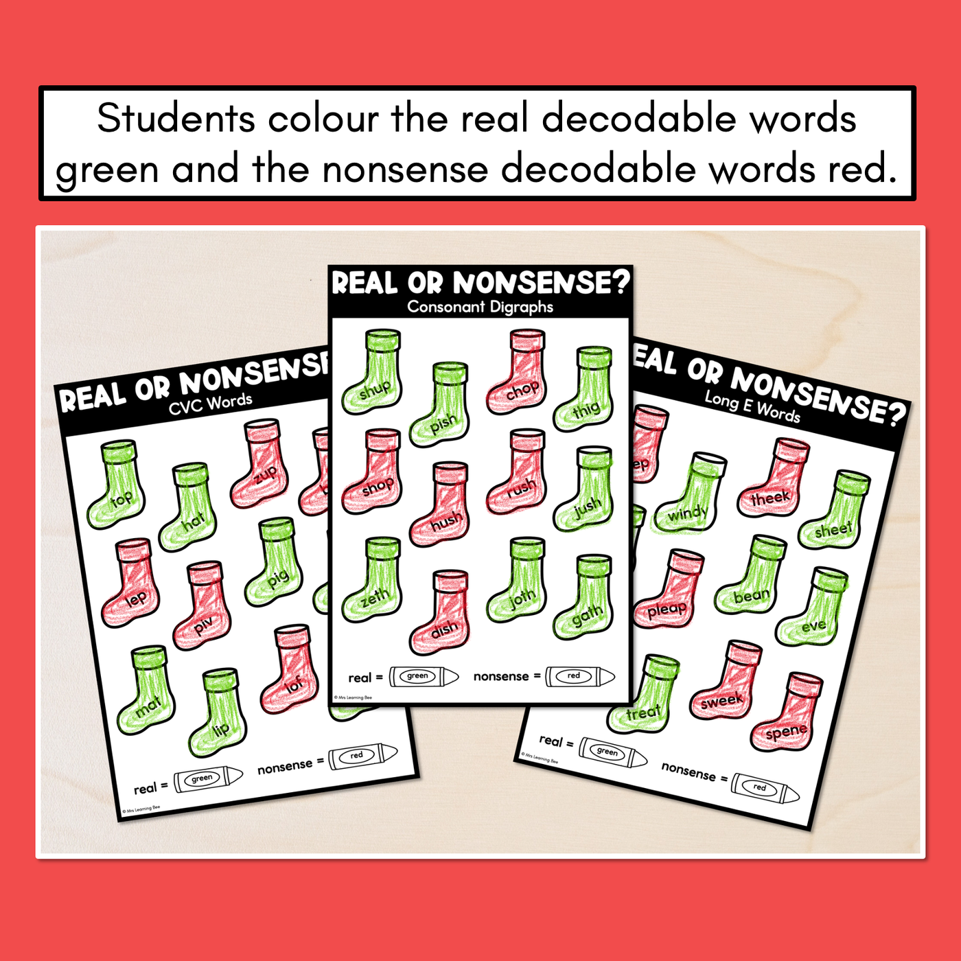 Christmas Phonics - Real and Nonsense Decodable Words - CVC, Consonant Digraphs & Long Vowels