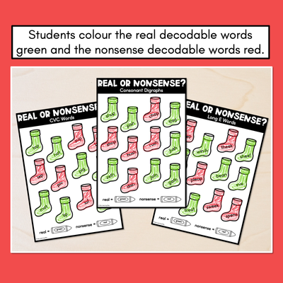 Christmas Phonics - Real and Nonsense Decodable Words - CVC, Consonant Digraphs & Long Vowels