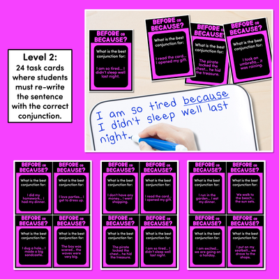 BEFORE or BECAUSE - Conjunction Task Cards - VCOP aligned