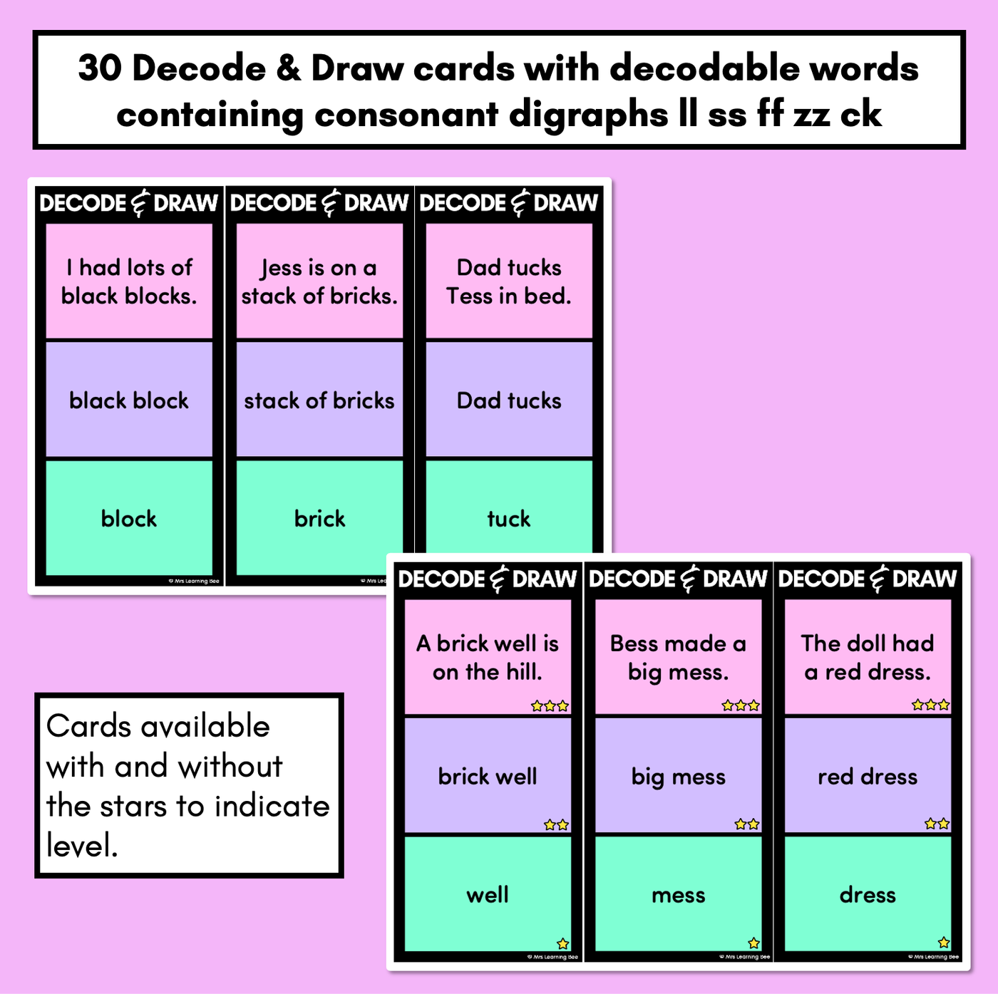 DECODE & DRAW - Consonant Digraphs LL SS FF ZZ CK - Decodable Drawing Phonics Task Cards