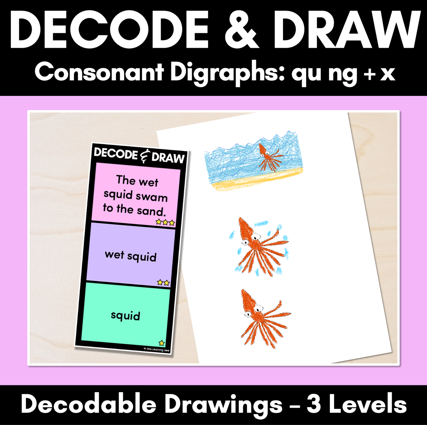 DECODE & DRAW - Consonant Digraphs QU NG + X - Decodable Drawing Phonics Task Cards