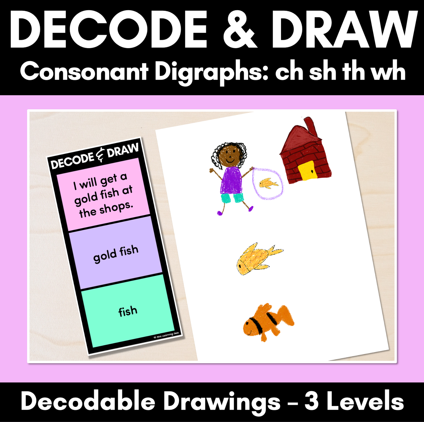 DECODE & DRAW - Consonant Digraphs CH SH TH WH - Decodable Drawing Phonics Task Cards