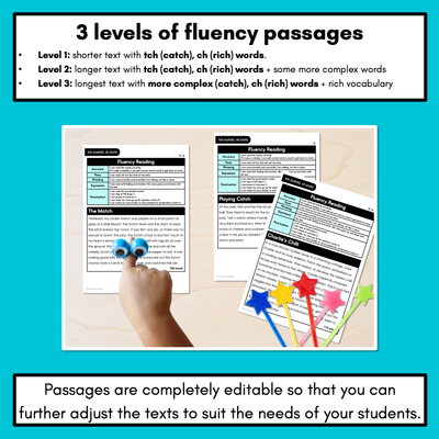 Editable Differentiated Decodable Fluency Texts - tch (catch), ch (rich)