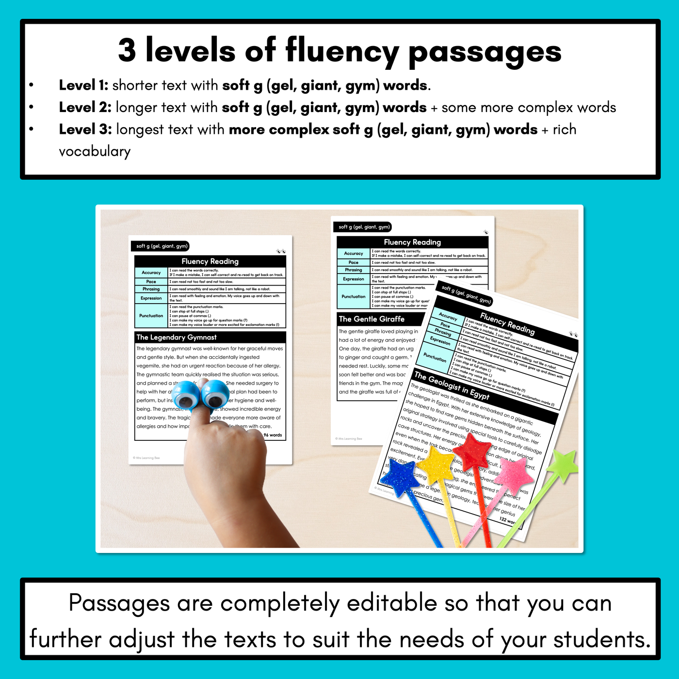 Editable Differentiated Decodable Fluency Texts - soft g (gel, giant, gym)